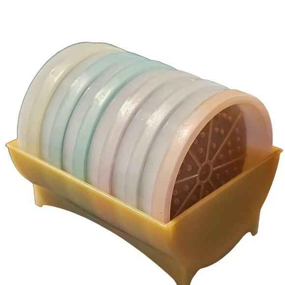Tupperware Other - VTG Set of 6 Tupperware Pastel Wagon Wheel Coasters W/ Holder Rack #567-3.